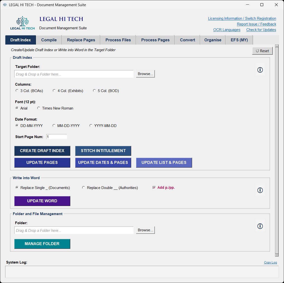 LHT DMS Draft Index tab: court index column formats, font, date format and start page number, with the Write into Word panel