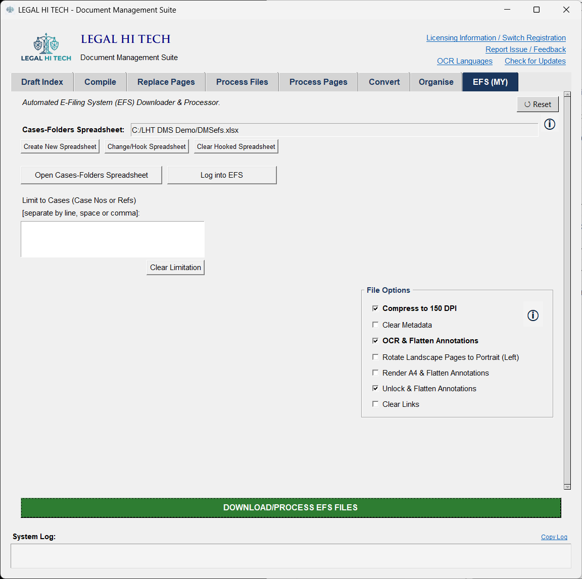 LHT DMS EFS (MY) tab: the Peninsular Malaysian e-Filing downloader with a hooked cases spreadsheet, case limiter and processing options