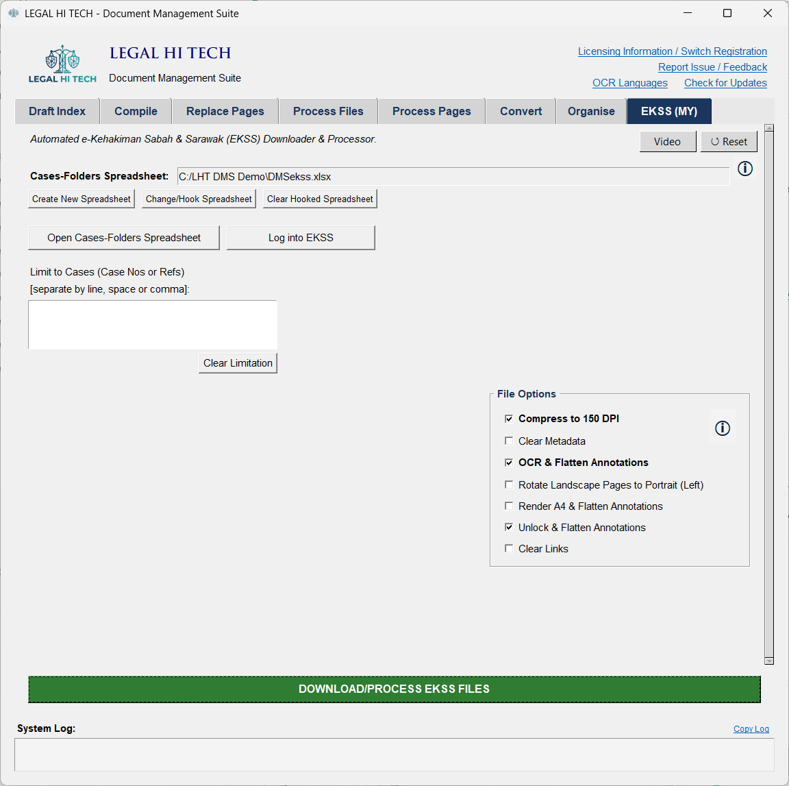 LHT DMS EKSS (MY) tab: the Sabah & Sarawak (Malaysia) e-Filing downloader with a hooked cases spreadsheet, case limiter and processing options