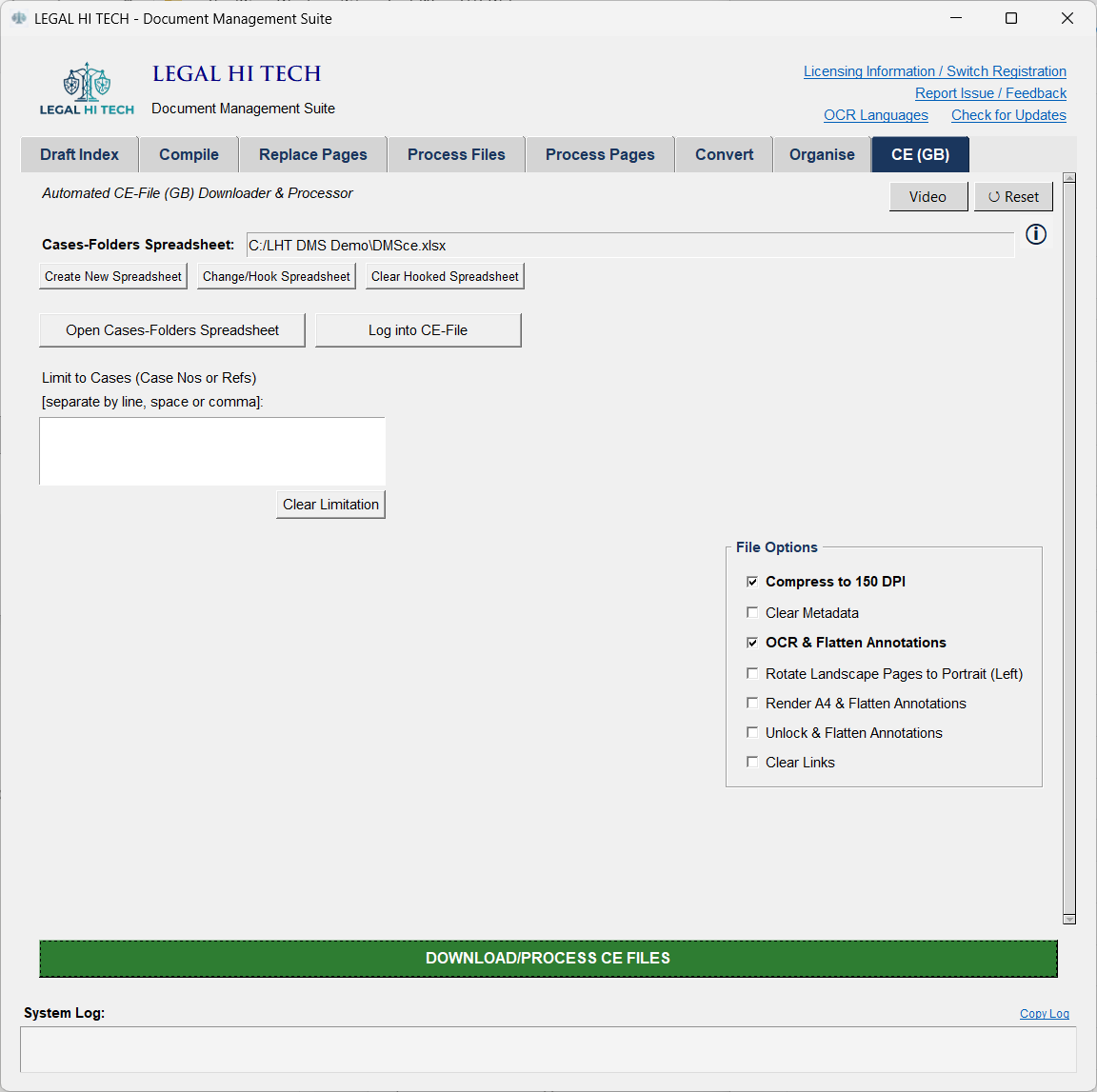 LHT DMS CE (GB) tab: the England & Wales CE-File downloader with a hooked claims spreadsheet, case limiter and processing options