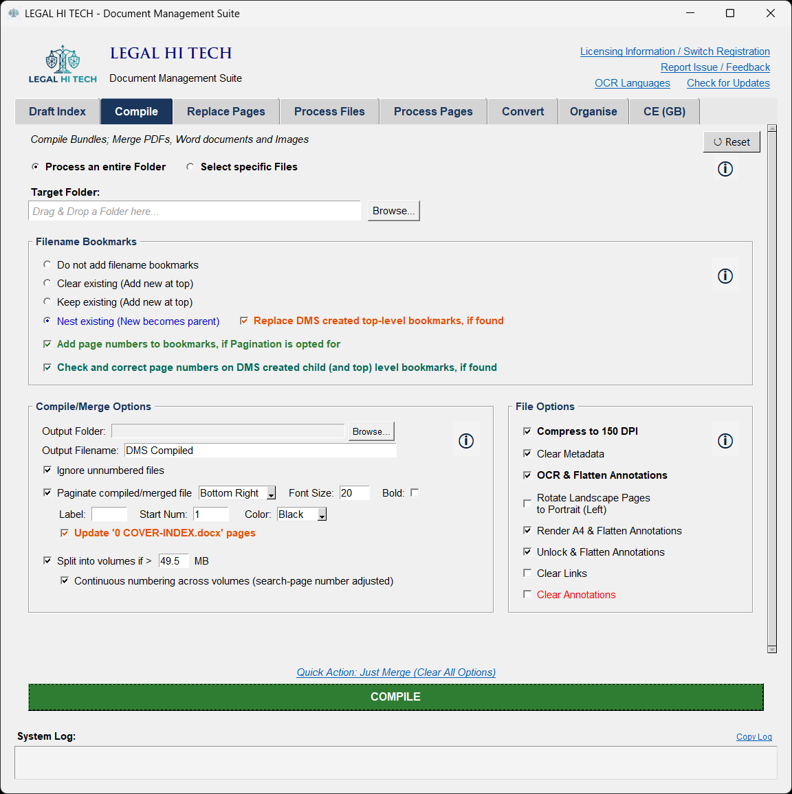 LHT DMS Compile tab: bookmark nesting, pagination, COVER-INDEX update and volume splitting at 49.5 MB, with OCR and compression options