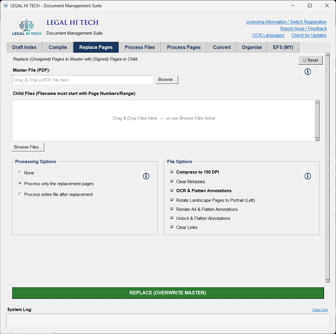 LHT DMS Replace Pages tab: a master bundle PDF with signed child pages named by page number, and processing options for the replaced pages