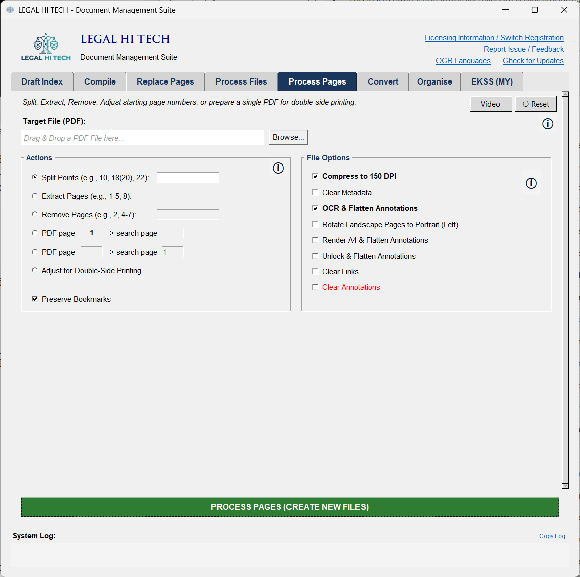 LHT DMS Process Pages tab: split points, extract, remove pages, forward page labelling from any PDF page to any search page, and double-sided printing, with bookmarks preserved